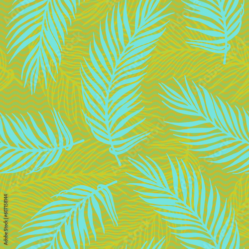 Repeat exotic palm leaves vector pattern. Floral design over waves texture
