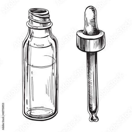 Glass bottle with pipette for cosmetics, oils, serum. The illustration is graphic hand-drawn. Eps vector, isolated objects on white background.