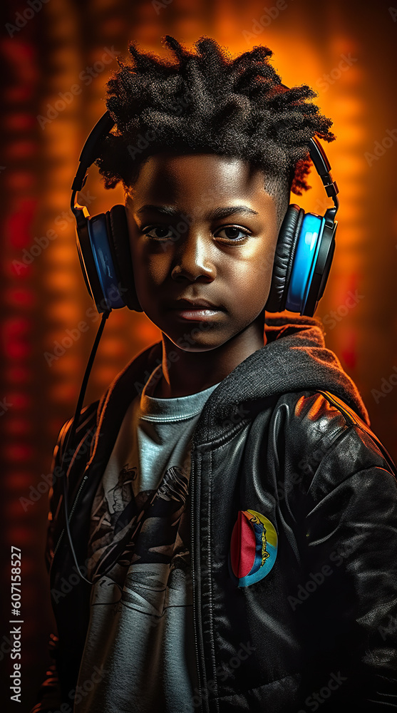 A young boy wearing headphones in front of a brick wall. Generative AI.