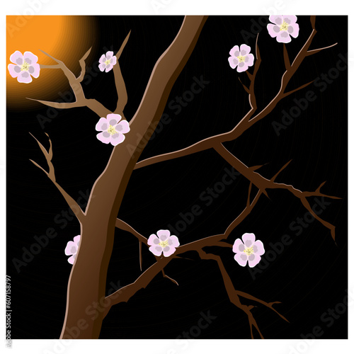 a branch of a flowering tree under the moonlight at night. bright stylized drawing