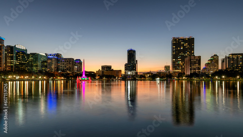 Orlando city skyline at night. Panoramic view of Orlando in Lake Eola Park  Florida  USA 