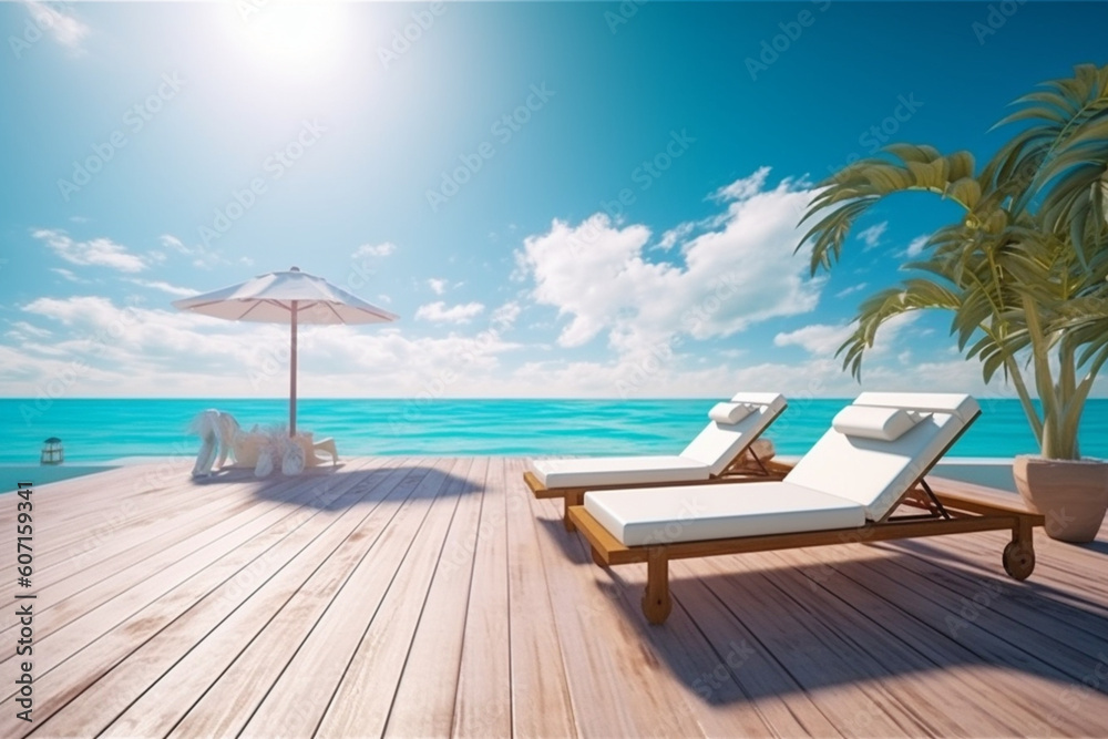 Idyllic beachfront retreat, where a sun-lounger beckons to witness the mesmerizing ocean panorama. Generative AI