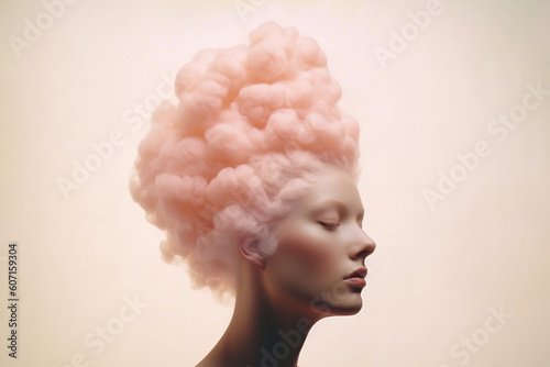 Female head in pink cloud. Imagination concept. AI generated image.