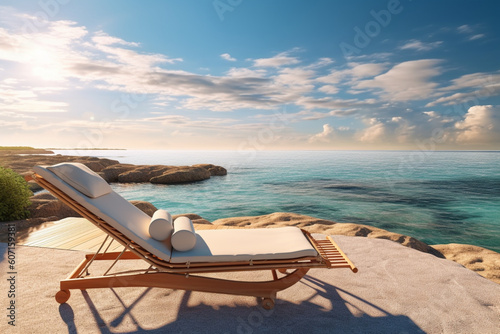 Idyllic beachfront retreat  where a sun-lounger beckons to witness the mesmerizing ocean panorama. Generative AI
