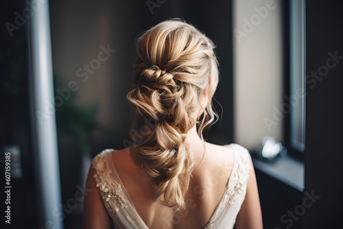 A Blonde Bride Stands With Her Back, Wedding Hairstyle for European Women: AI Generated Image