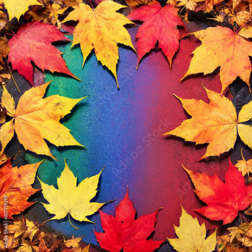 Fondo con detalle y textura de multitud de hojas con colores de oto  o  sobre superficie de tonos iridiscentes