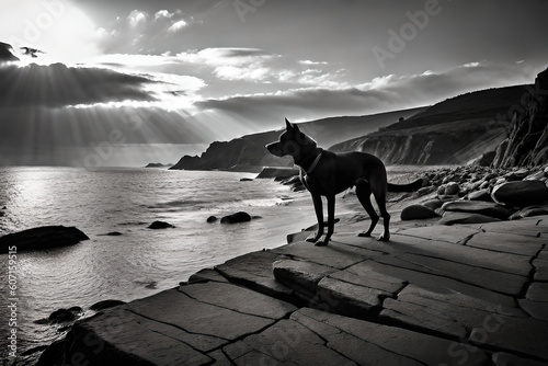 A dramatic black and white photograph of a dog gazing out into the distance from a rugged cliff overlooking the ocean