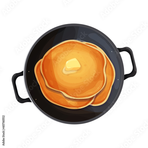 Pancake top view with butter in frying pan, wok in cartoon style isolated on white background. Circle dessert, breakfast. 