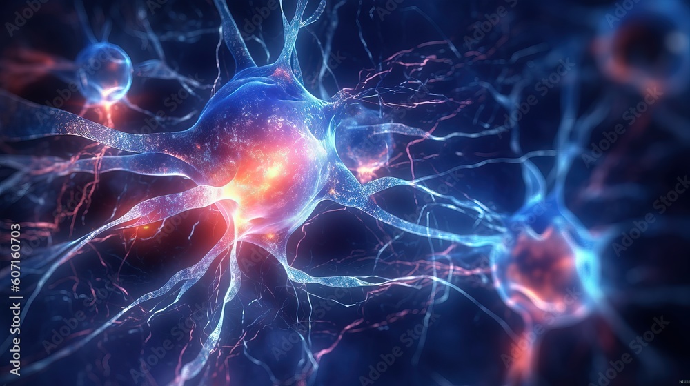Active nerve cells. Neurology and brain activity concept. Neural network with electrical activity of neuron cells. Neuroscience. Generative AI. Active nerve cells. Neurology and brain activity concept. Neural network with electrical activity of neuron cells. Neuroscience. Generative AI.