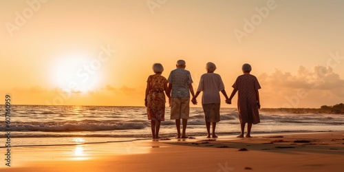 Happy seniors enjoying their golden years of retirement with a beach sunset