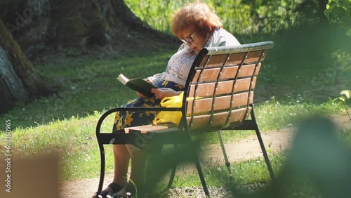 An old woman is sitting on a park bench and reading a book. Relaxing in nature while reading a book. Lifelong education