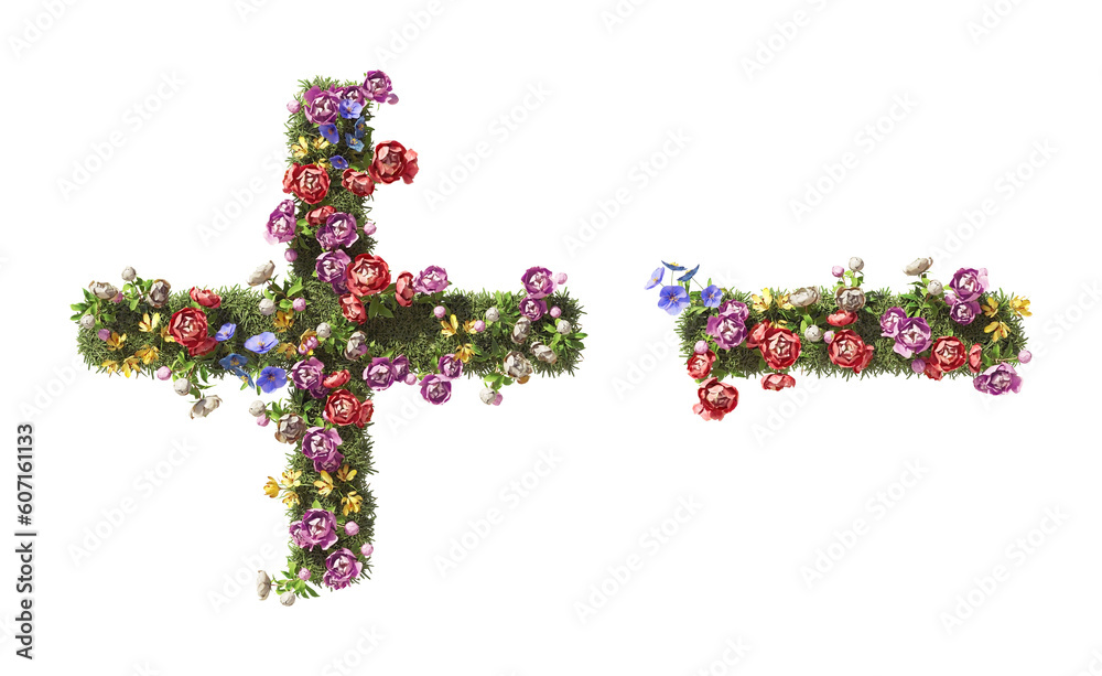 Flower Symbol Plus and Minus. Calculator Sign. Vintage garden floral