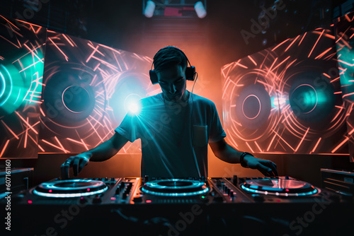 Bright dynamic illustration of DJ in a nightclub in orange and turquoise colored light, AI generative illustration