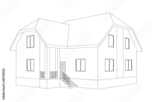 3D suburban house model. Drawing of the modern building. Cottage project on white background. Vector elevaitions blueprint.