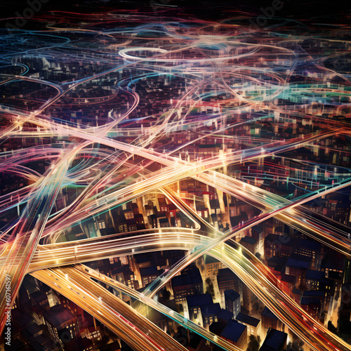 Cybernetic Expressway  High-Speed Data Transmission - Capturing the essence of high-speed data transmission  this image shows an expressway illuminated with neon lines representing data packets.