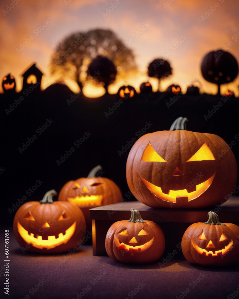 Fondo con detalle y textura de varias calabazas decoradas para halloween, con paisaje de ocaso de fondo