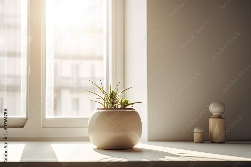 Beige tabletop with a small succulent planter pot close to a light window in a cozy white room. isolated window to modify the scene outside. Generative AI
