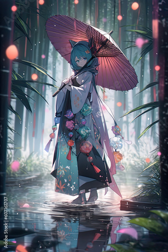 A cute anime-style virtual idol, vtuber, female digital character immortal water spirit with umbrella among koi carp by the water, AI generative photo