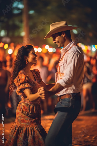 Imaginary couple, Brazilian man and a woman dancing at Latin-American festival at night