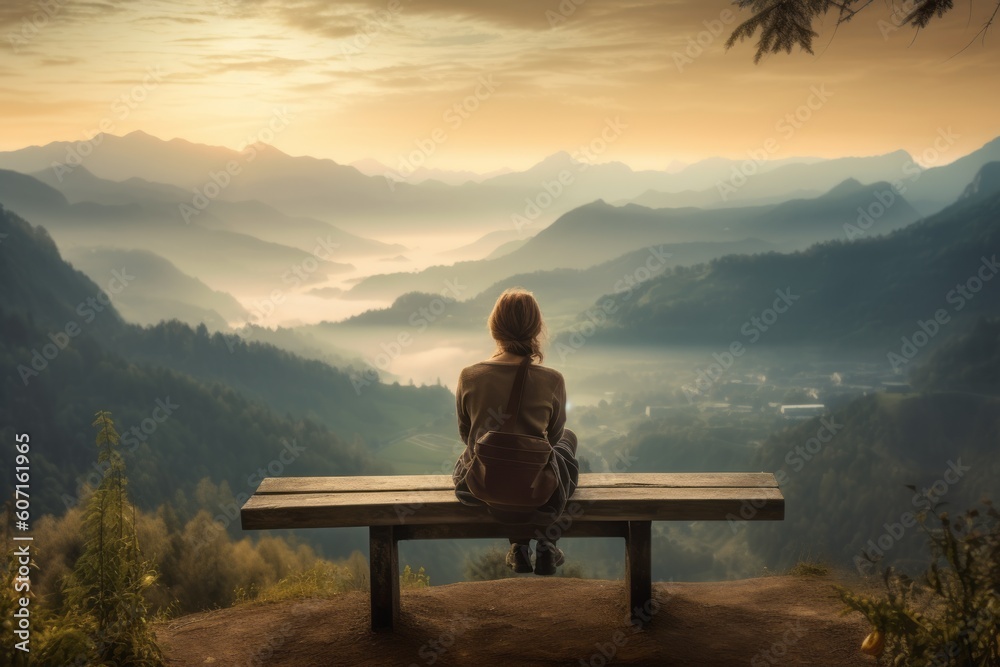 A woman sitting on a bench at a scenic overlook, gazing at a breathtaking view while waiting for a companion, representing contemplation and introspection during a journey. Generative AI.