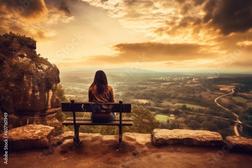 A woman sitting on a bench at a scenic overlook, gazing at a breathtaking view while waiting for a companion, representing contemplation and introspection during a journey. Generative AI.