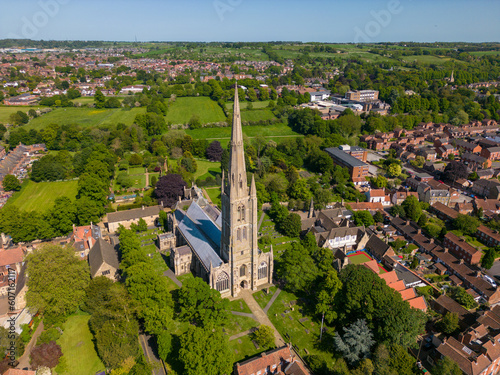 Aerial drone photo of the church in Grantham, Lincolnshire England.  photo