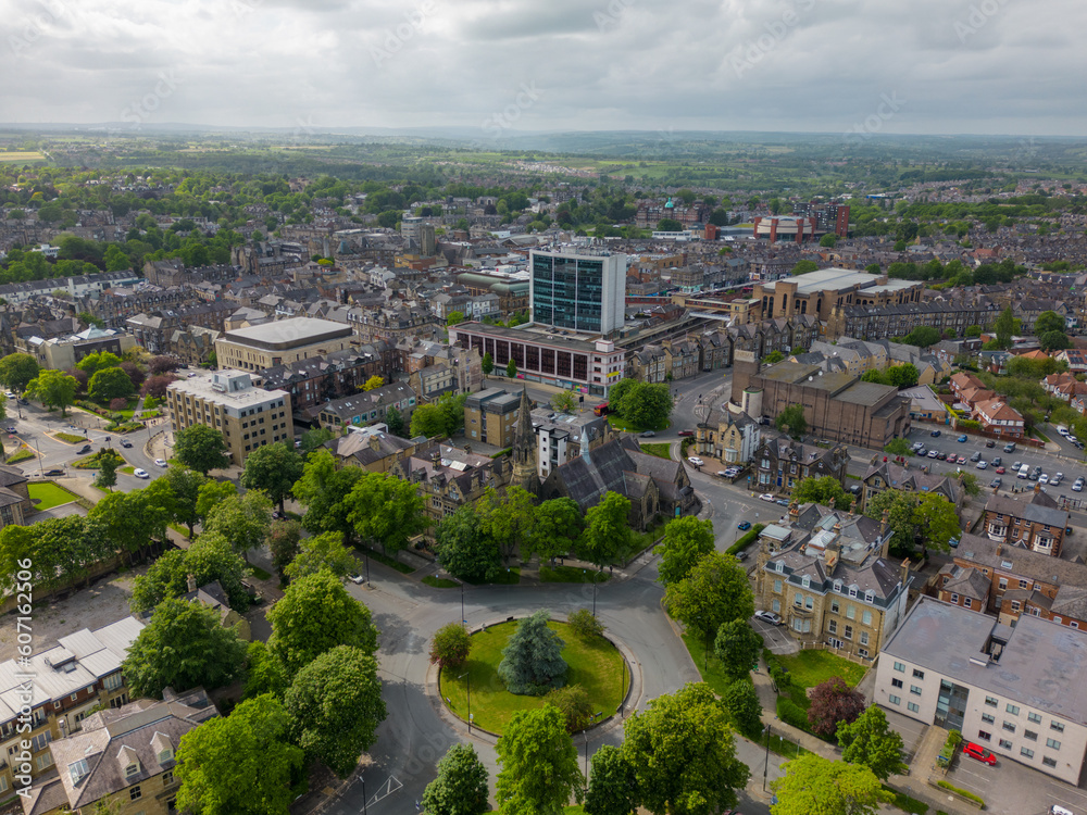 Aerial drone photo of the town centre of Harrogate in North-Yorkshire, England.