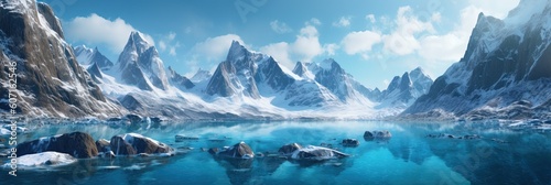 A glacier-carved fjord, with majestic icebergs floating serenely in crystal-clear waters, surrounded by towering mountains. Generative AI. © Kai Alves
