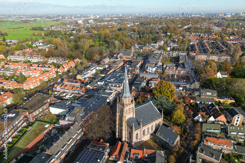 Aerial drone photo of the town centre of Voorschoten in Zuid-Holland, the Netherlands