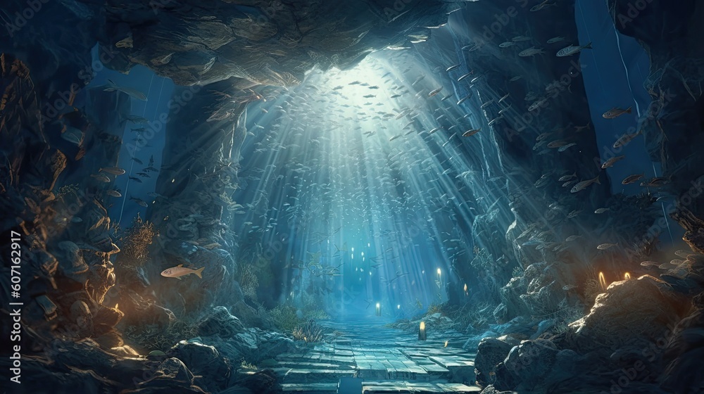 a cave in the ocean with fish swimming around Generative Ai a cave in the ocean with fish swimming around Generative Ai