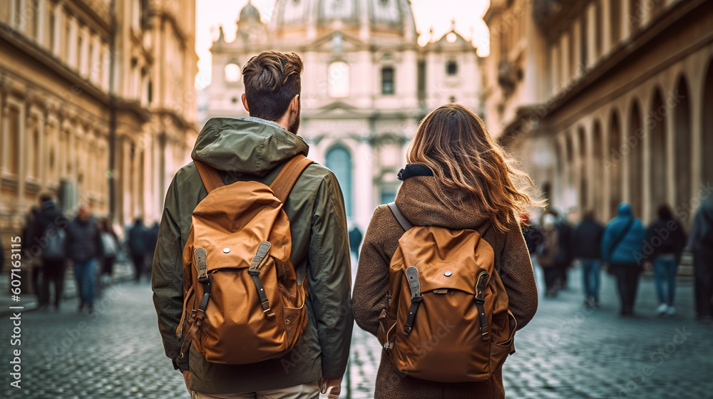 A man and a woman walking down a cobblestone street. Generative AI. Backpacker tourists.