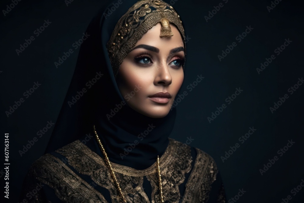 Portrait of a young pretty Arab woman in a veil. AI generated, human enhanced