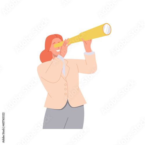 Happy young businesswoman looking through spyglass searching new perspective and opportunity