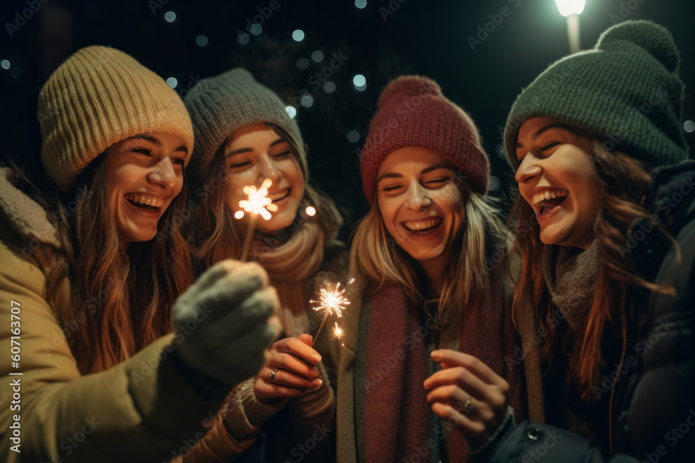 Group of happy people holding sparkles at party and smiling. Generative AI Group of happy people holding sparkles at party and smiling. Generative AI