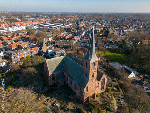 Aerial drone photo of the church in Wassenaar, the Netherlands