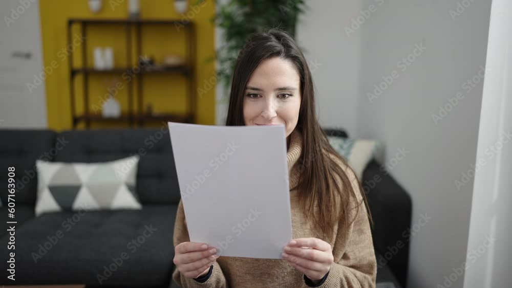 Beautiful hispanic woman reading document sitting on sofa at home Beautiful hispanic woman reading document sitting on sofa at home