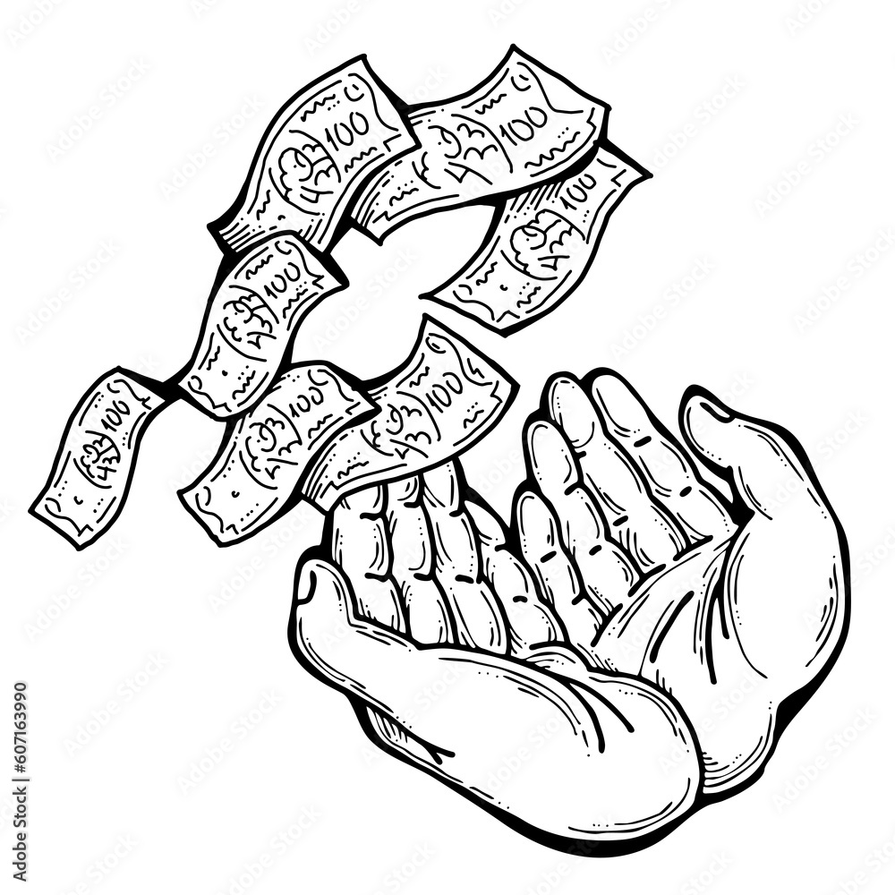 Big dollars banknotes money in your hands. Finance business, commerce, payment economy theme for poster print, design elements. Take or give loan. Hand drawn illustration. Cartoon style drawing. Big dollars banknotes money in your hands. Finance business, commerce, payment economy theme for poster print, design elements. Take or give loan. Hand drawn illustration. Cartoon style drawing.