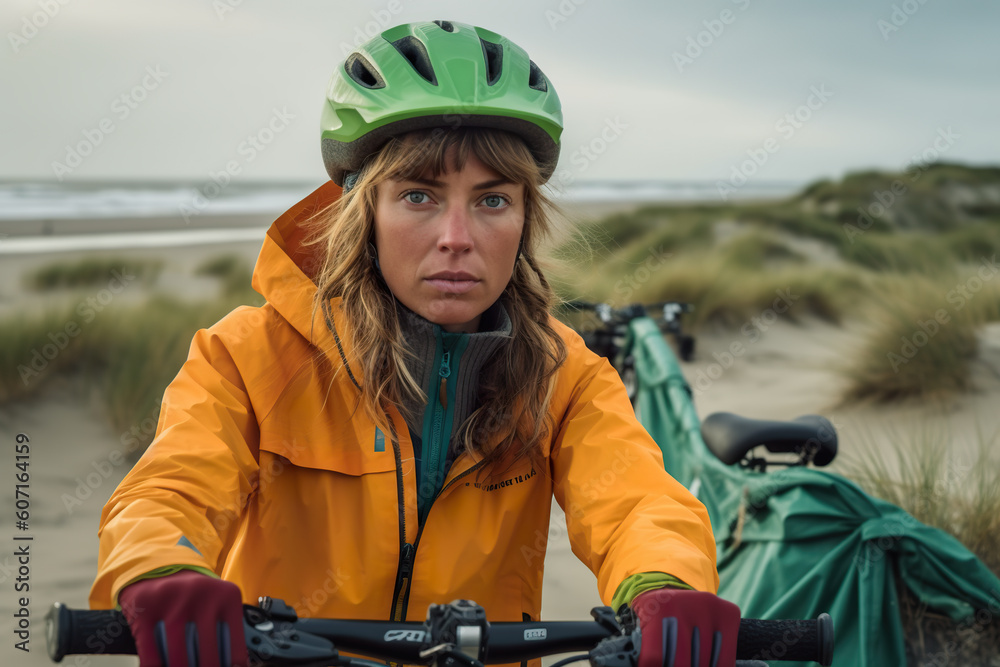 A woman riding a bike on a beach. Generative AI. A woman riding a bike on a beach. Generative AI.