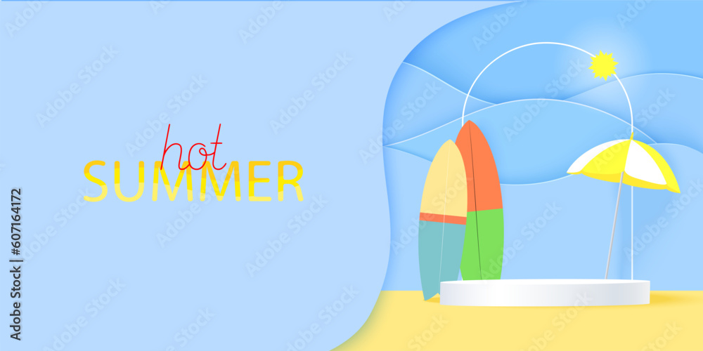 Hot Summer phrase with summer background in paper cut style. Podium with an umbrella from the sun and surfboards on the background of waves.	