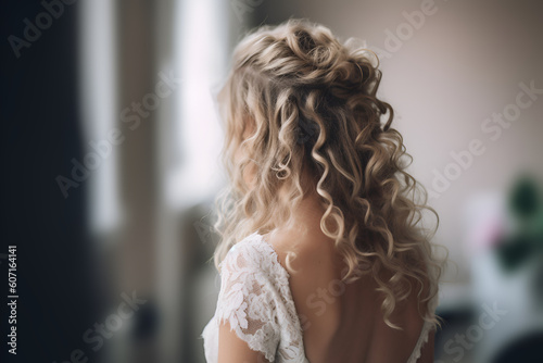 A Blonde Bride Stands With Her Back, Wedding Wavy Hairstyle for European Woman: AI Generated Image