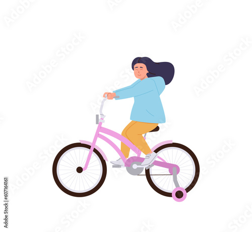 Happy girl child cartoon character in casual clothes riding bicycle isolated on white background