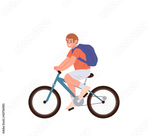 Young teenager boy cartoon character wearing backpack riding bicycle having fun trip on weekend