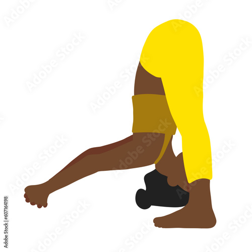 Flexibility yoga pose. African American female, lady, woman, girl with yellow track suit. Pilates, training, fitness, sport. Vector illustration in cartoon flat style isolated on white background.