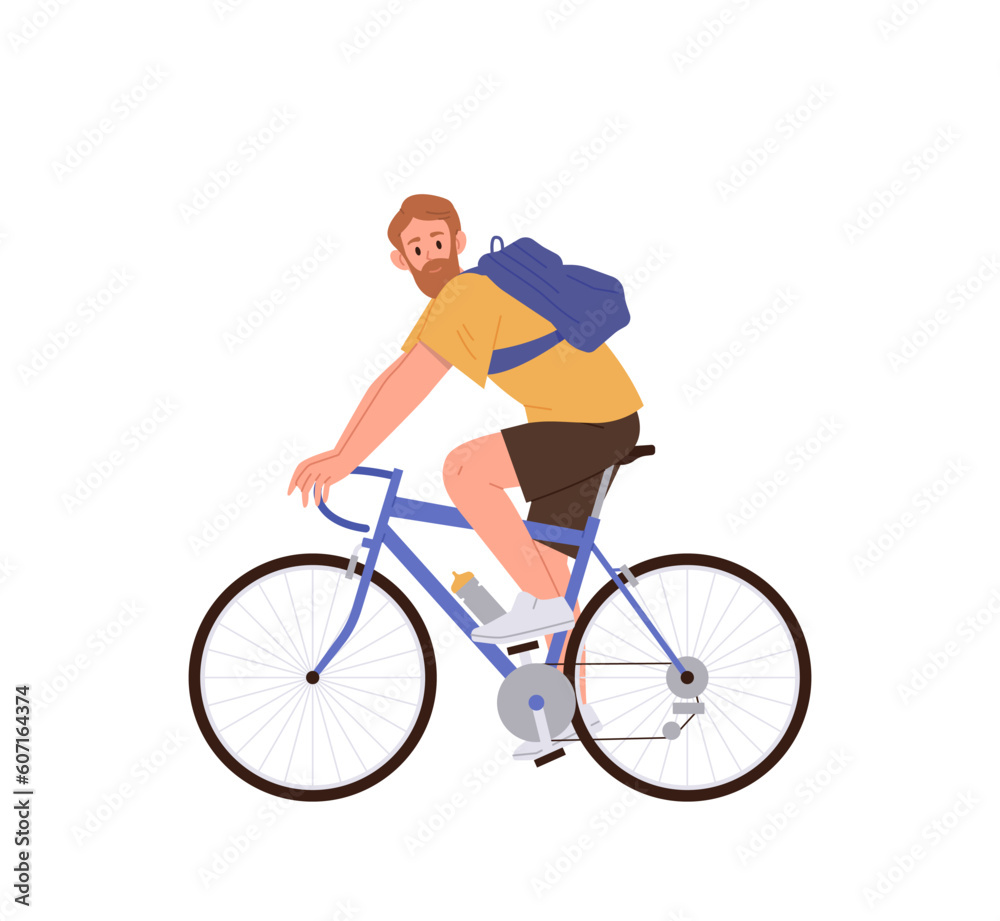 Happy bearded sportive adult man character riding bicycle enjoying active healthy lifestyle Happy bearded sportive adult man character riding bicycle enjoying active healthy lifestyle