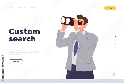 Custom search landing page design template with businessman character looking through binocular