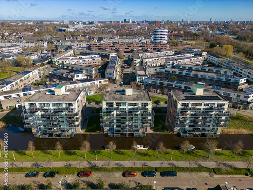 Aerial drone photo of several apartment buildings in the city of Leiden in Zuid-Holland, the Netherlands.  © robin