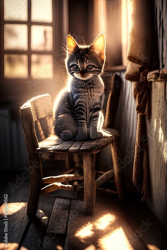 A naughty kitten sitting in a weathered wooden chair, Photography, macro lens captures intricate textures and details - generative ai