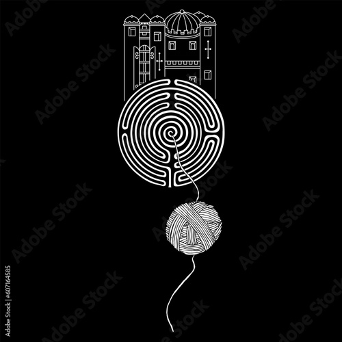 Medieval castle standing on a round spiral maze or labyrinth symbol and a yarn ball. Ariadne's thread. Creative concept. City of Troy. Black and white silhouette.