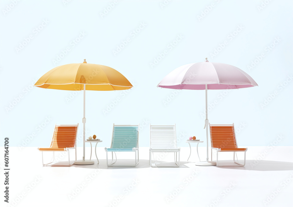 Sunbeds and umbrellas, Deck chair with an umbrella isolated on white background. Beach umbrella, beach chair. generative ai