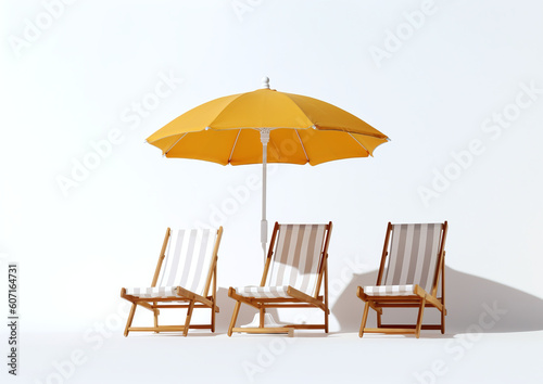 Sunbeds and umbrellas  Deck chair with an umbrella isolated on white background. Beach umbrella  beach chair. generative ai